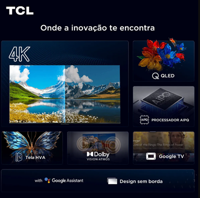 Smart TV TCL 55 Polegadas QLED 4K P7K WiFi Bluetooth Google TV HDR10+ Dolby Atmos Dolby Vision 55P7K