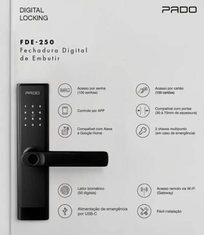 Fechadura FDE 250 TTlock Pado Ideal Airbnb | Senha Tag Biometria Chave Bluetooth Preto