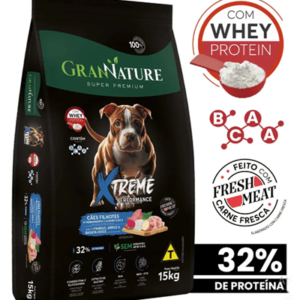 Ração Whey Protein Grannature Xtreme Alta Performance 32% Proteína para Cães Filhote raças Médio E Grande Porte Alimento Seco Sabor Frango Super Premium Com Bcaa Sem Corantes Saúde Articular 15kg