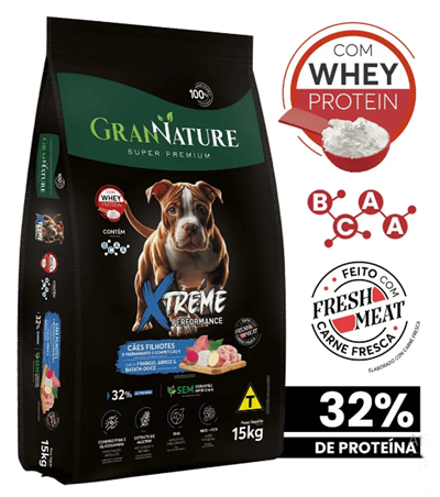 Ração Whey Protein Grannature Xtreme Alta Performance 32% Proteína para Cães Filhote raças Médio E Grande Porte Alimento Seco Sabor Frango Super Premium Com Bcaa Sem Corantes Saúde Articular 15kg