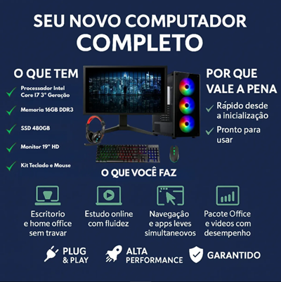 Pc Gamer Completo I7 3.4ghz 16gb Ssd 480gb 500w Monitor 19