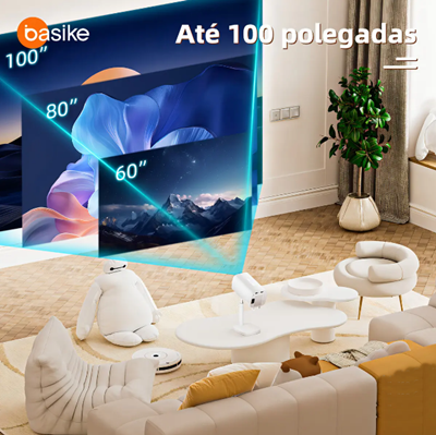 Projetor Smart Basike Ba-TY213 4K Full HD Android 11 Wi-Fi 6 Bluetooth 12000 Lúmens Branco Rotação 180 Graus Home Cinema